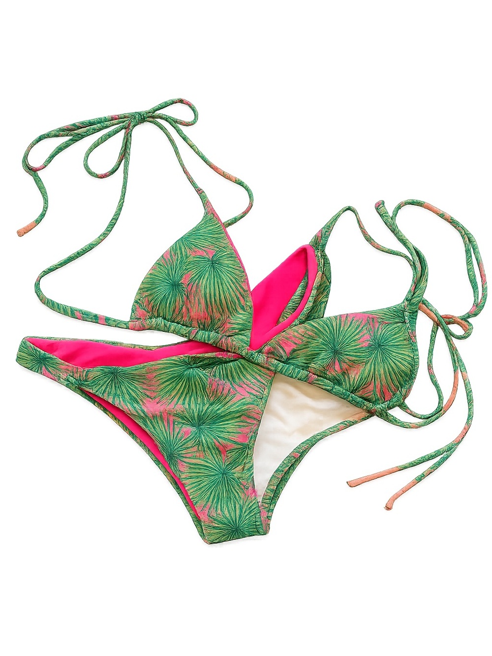 Palm Print Triangle Bikini Set in Green & Hot Pink